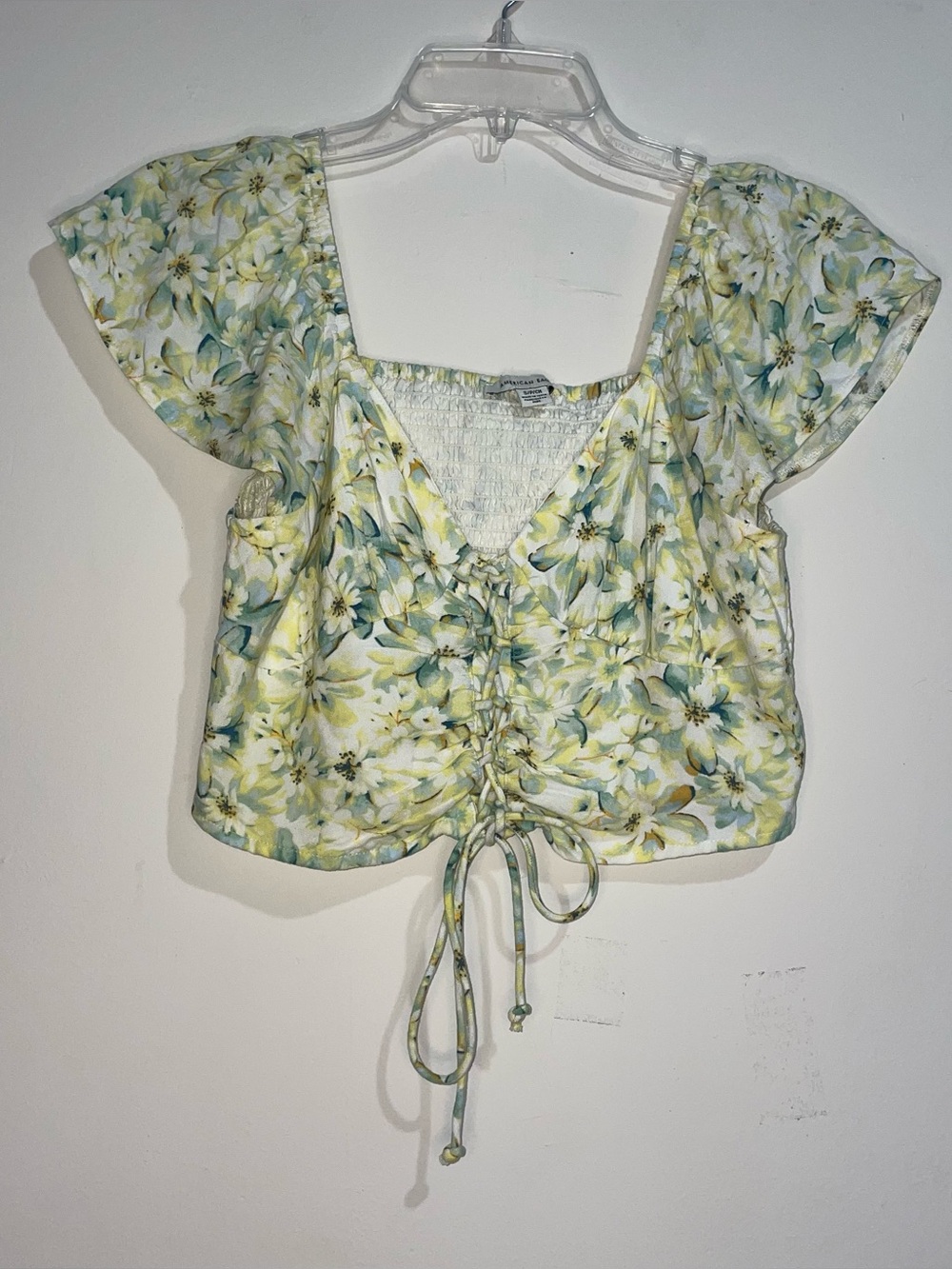 American Eagle Green Yellow White Lace Up Floral Puff Sleeve S Top